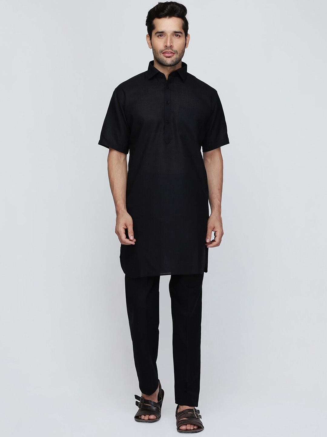 

ROYAL KURTA Mandarin Collar Pure Cotton Kurta With Patiala, Black