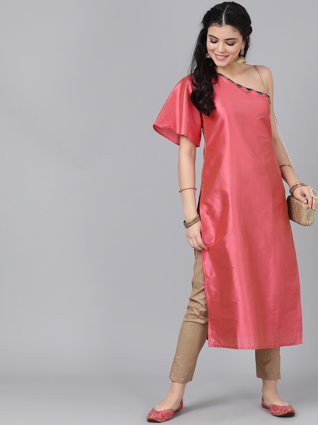 

AKS Couture One Shoulder Flared Sleeves Beads Detail Gotta Patti Kurta, Pink