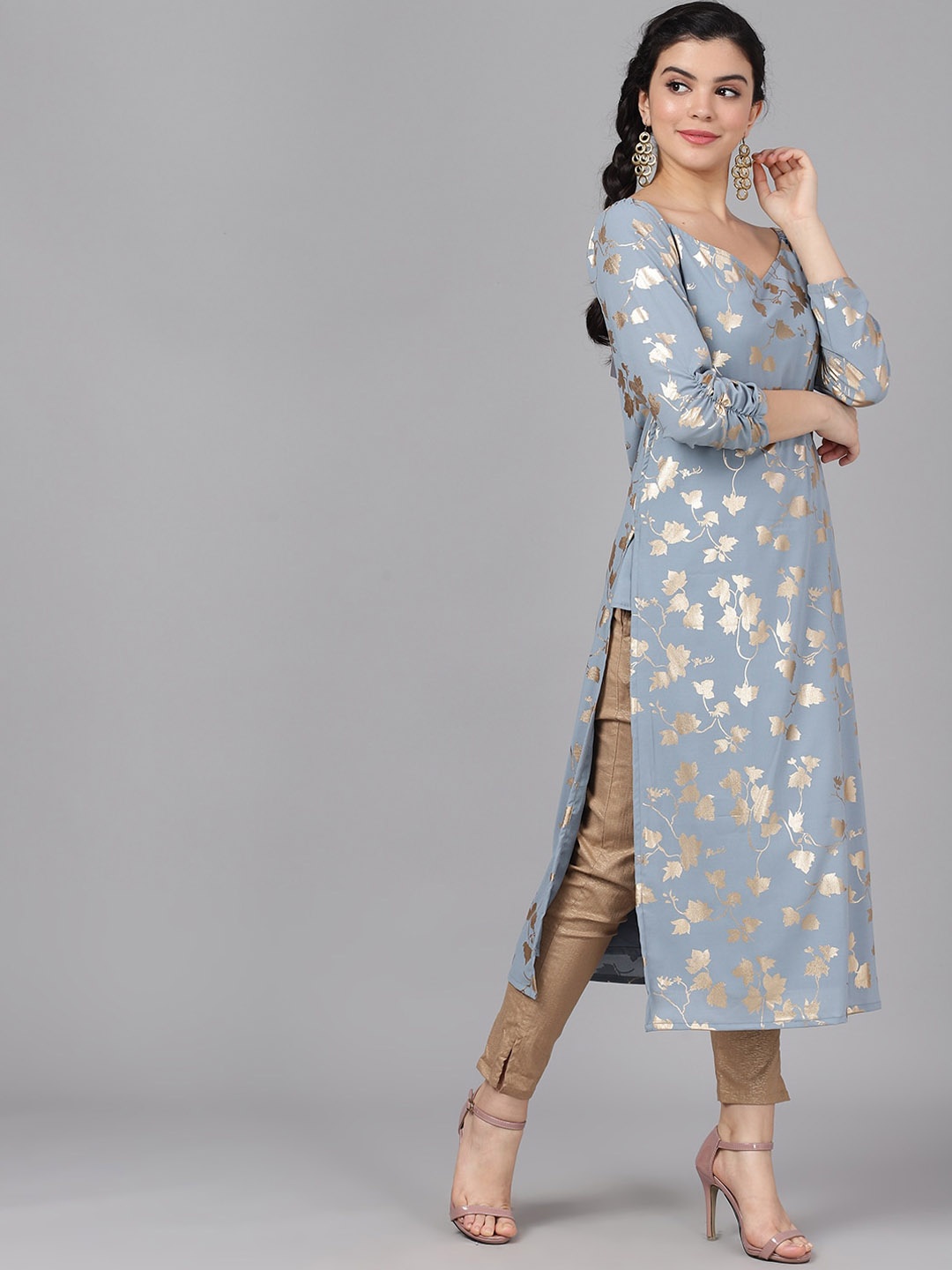 

AKS Couture Floral Foil Printed Georgette Kurta, Grey