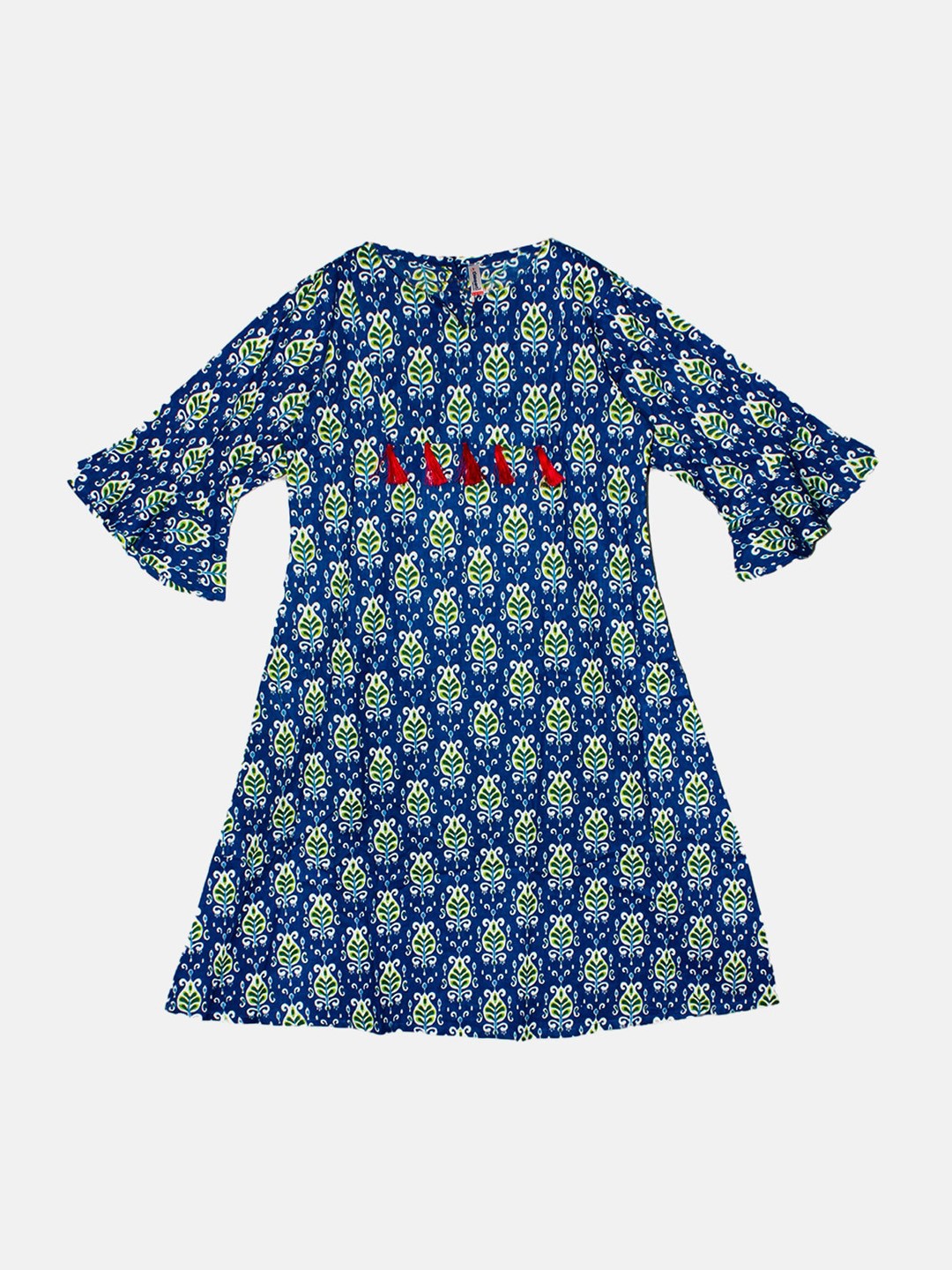 

KiddoPanti Girls Floral Printed Bell Sleeves Pure Cotton A-Line Kurta, Blue