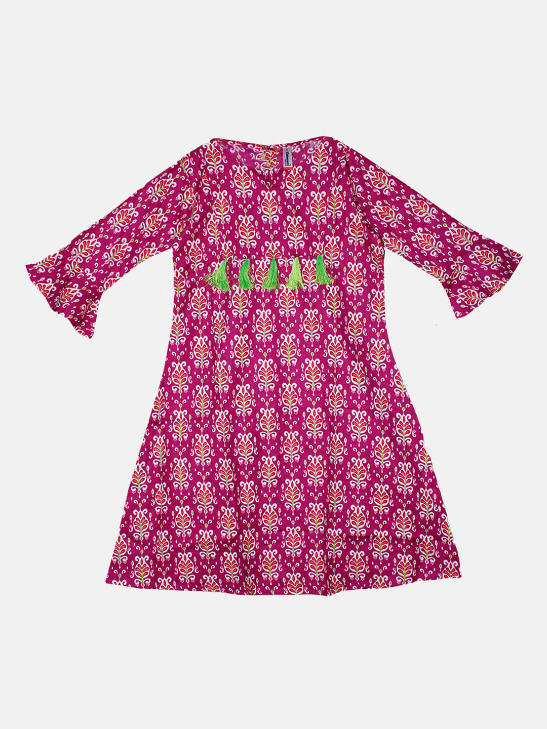 

KiddoPanti Girls Floral Printed Bell Sleeves Pure Cotton A-Line Kurta, Red