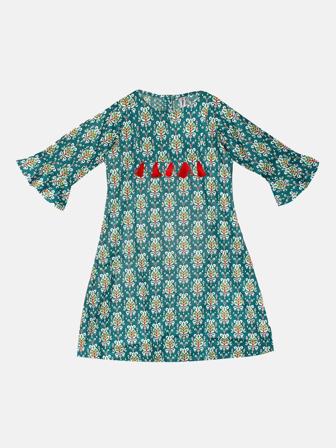 

KiddoPanti Girls Floral Printed Bell Sleeves Pure Cotton A-Line Kurta, Green