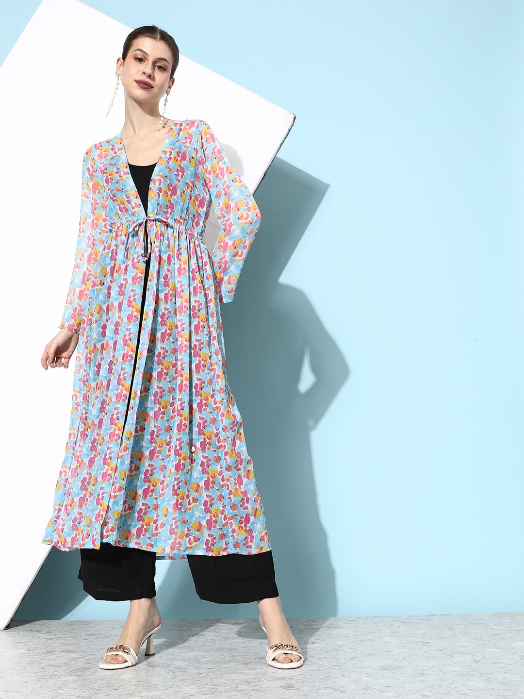 

ANVI Be Yourself Floral Printed Longline Sheer Tie-Up Shrug, Blue