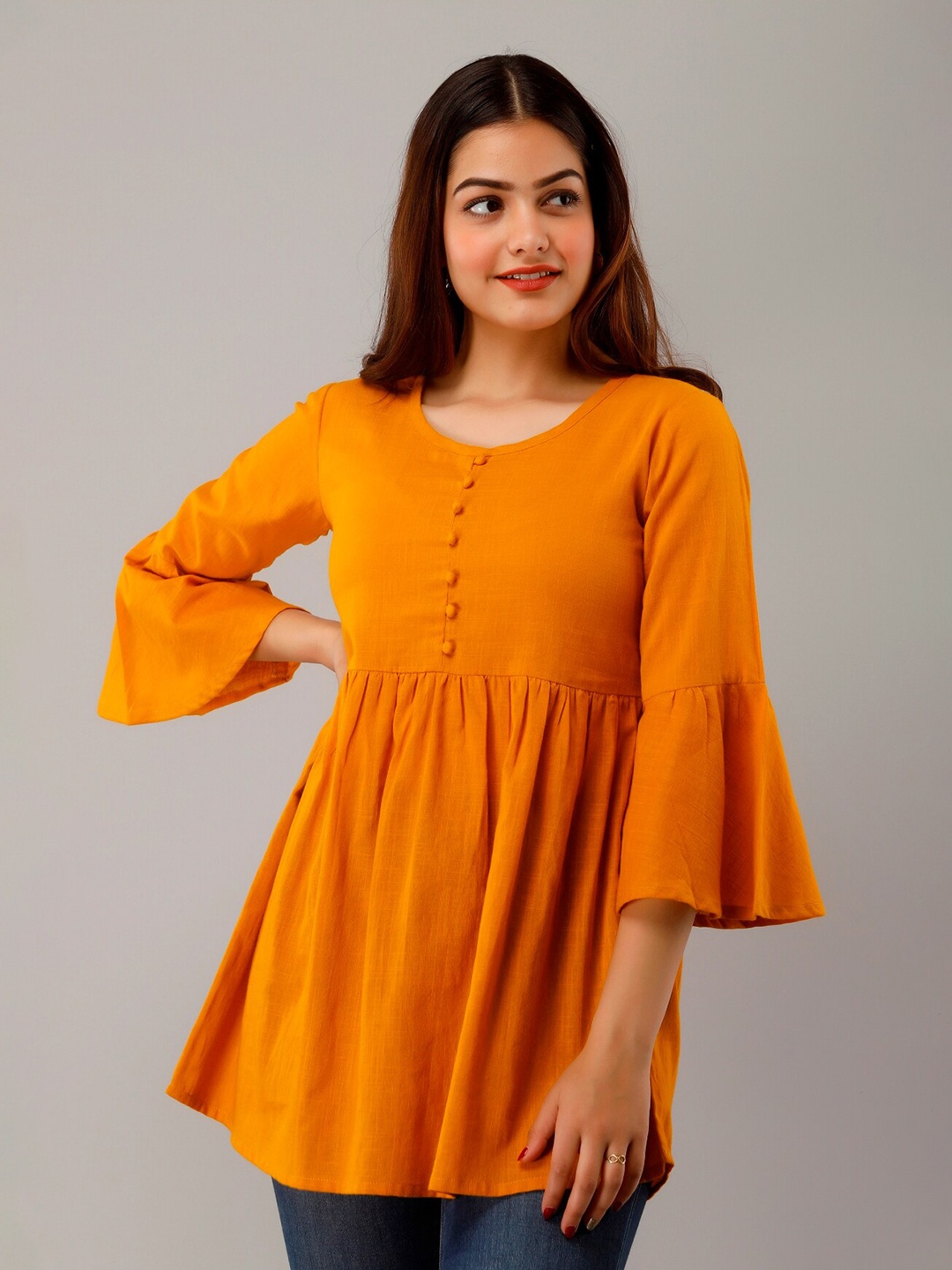 

IRIDAA JAIPUR Bell Sleeve Empire Longline Top, Mustard