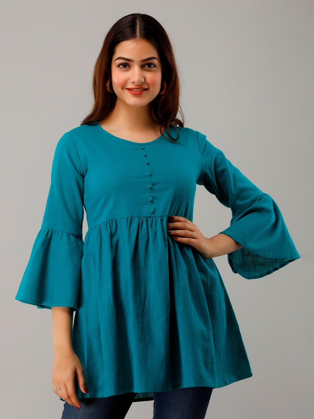 

IRIDAA JAIPUR Bell Sleeve Empire Longline Top, Turquoise blue