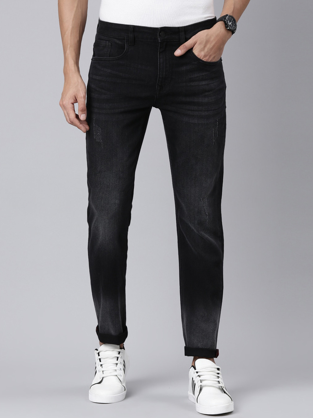 

Old Grey Men Clean Look Mid Rise Light Fade Denim Slim Fit Stretchable Jeans, Black