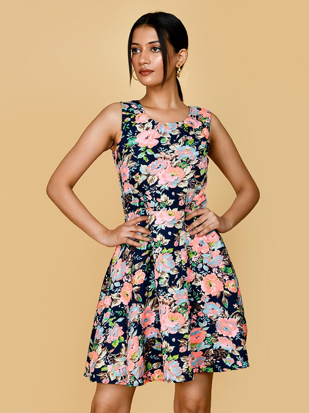 

BAESD Floral Printed Modal Fit & Flare Dress, Navy blue