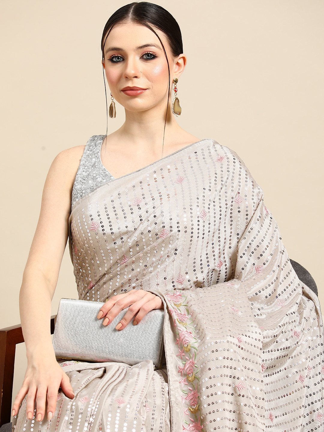

Tikhi Imli Embellished Sequinned Heavy Work Saree, Metallic