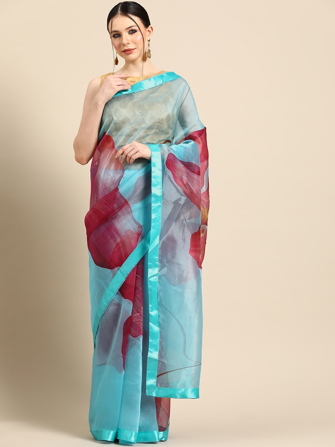 

Tikhi Imli Floral Organza Saree, Turquoise blue