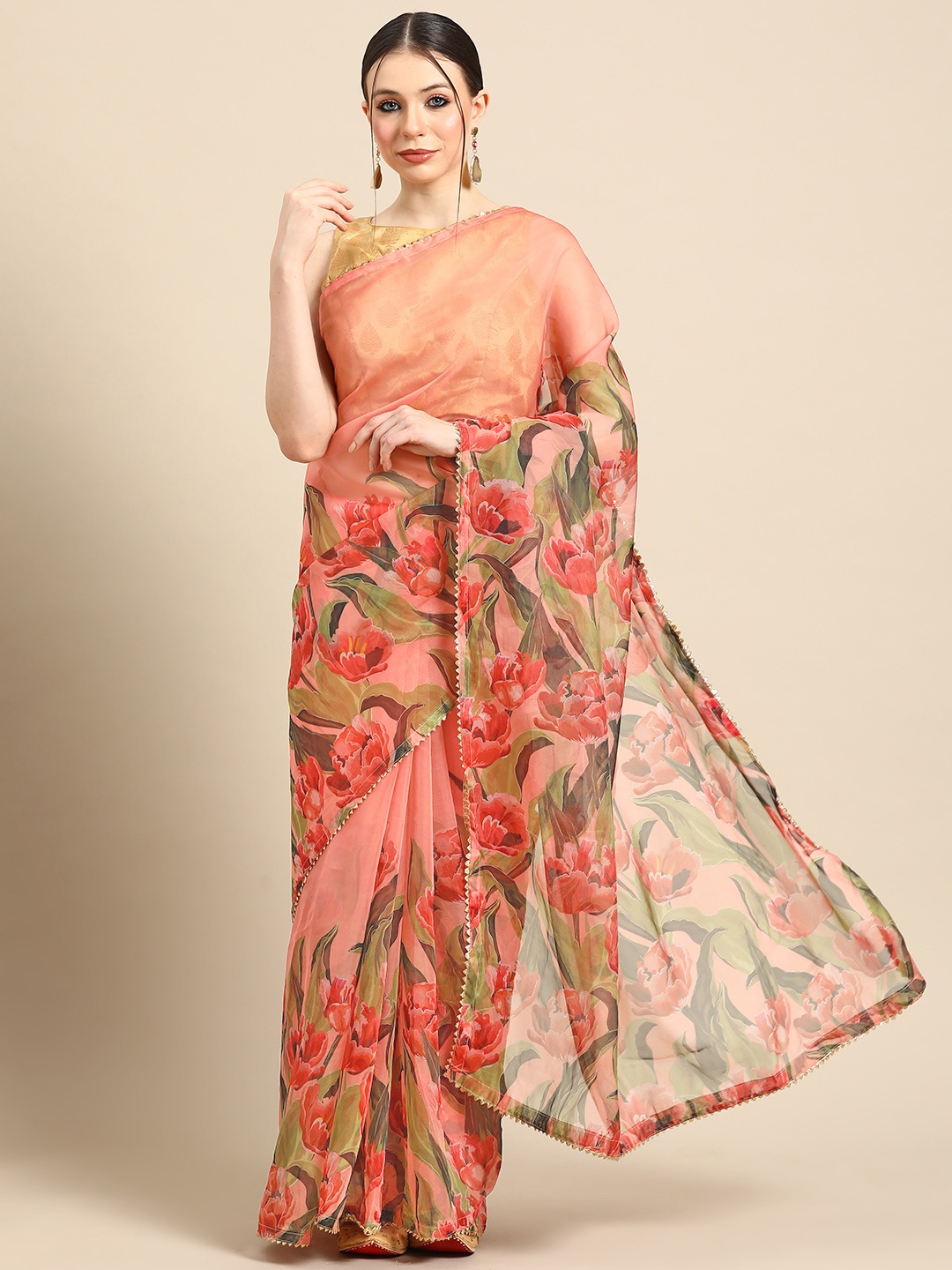 

Tikhi Imli Floral Organza Saree, Peach