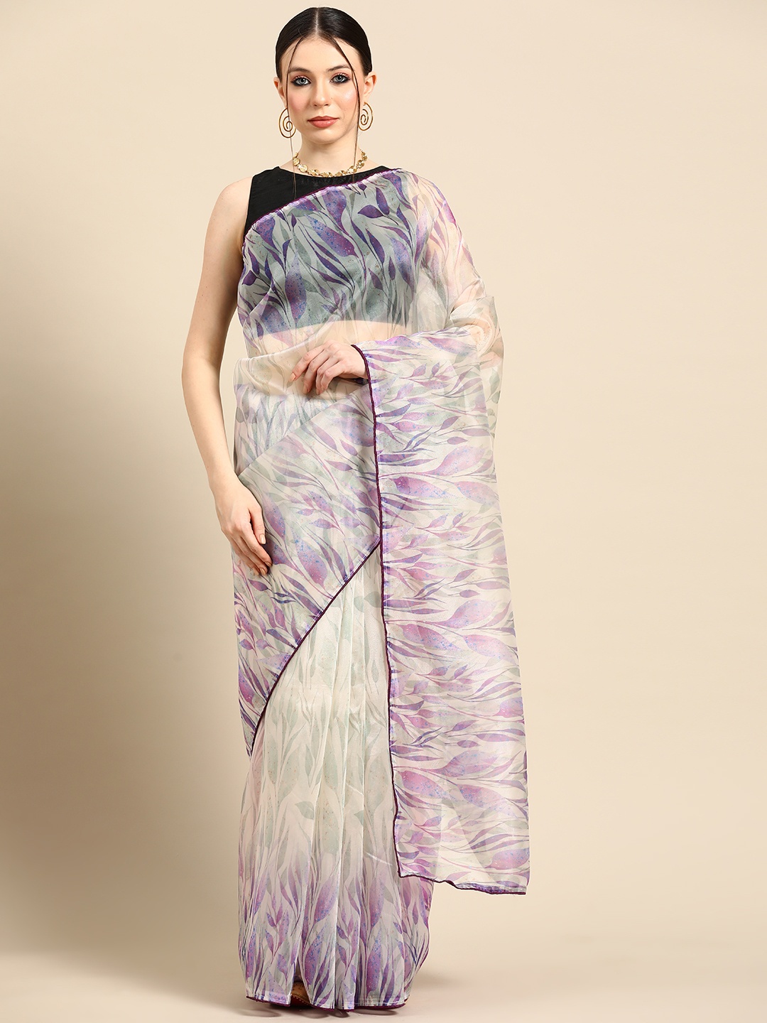 

Tikhi Imli Floral Printed Organza Saree, Cream
