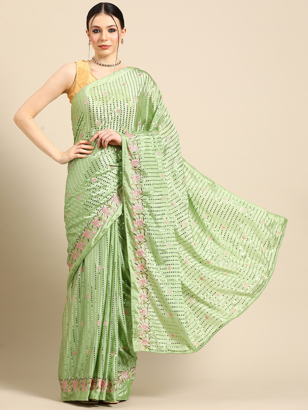 

Tikhi Imli Embroidered Sequinned Heavy Work Saree, Green