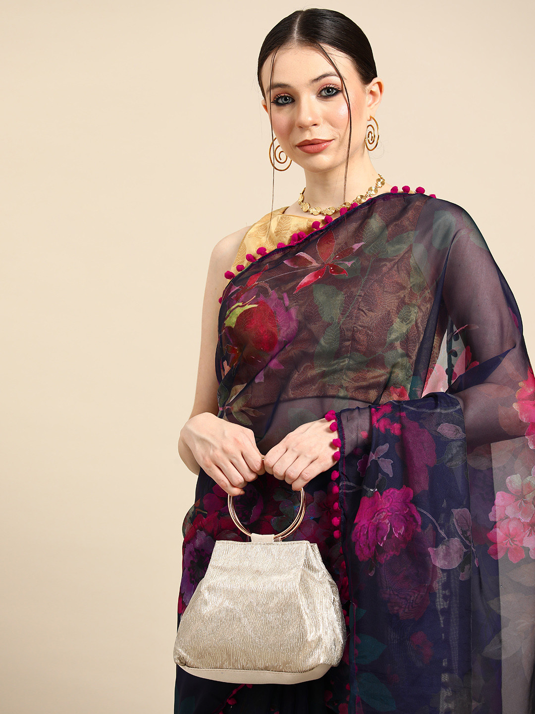 

Tikhi Imli Floral Printed Organza Saree, Navy blue