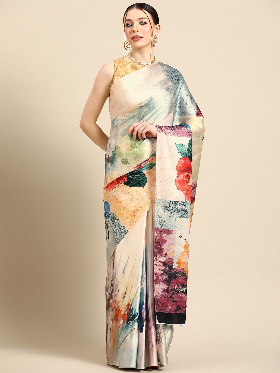 

Tikhi Imli Floral Printed Satin Saree, Beige