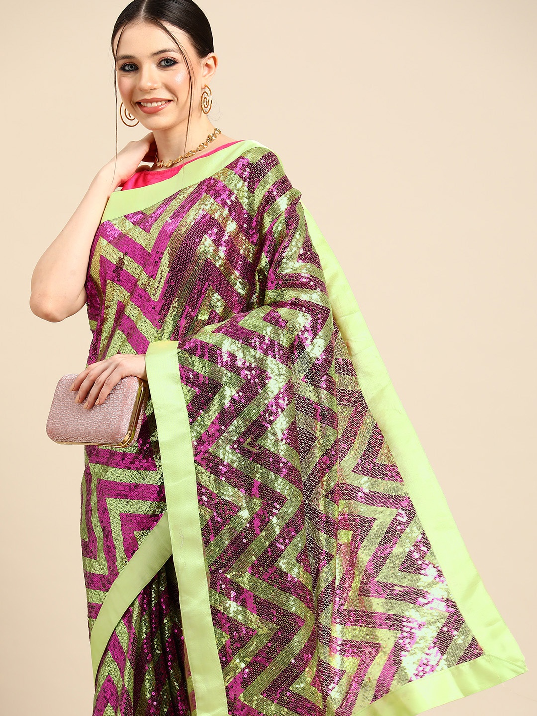 

Tikhi Imli Sequinned Net Heavy Work Saree, Green