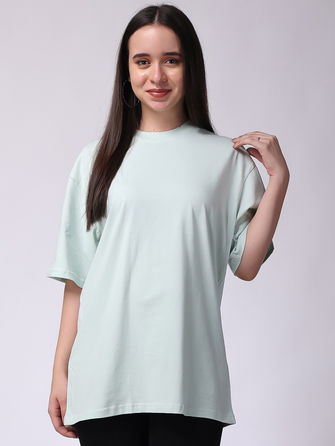 

The Label Bar Drop-Shoulder Sleeves Oversized Longline Cotton T-Shirt, Sea green