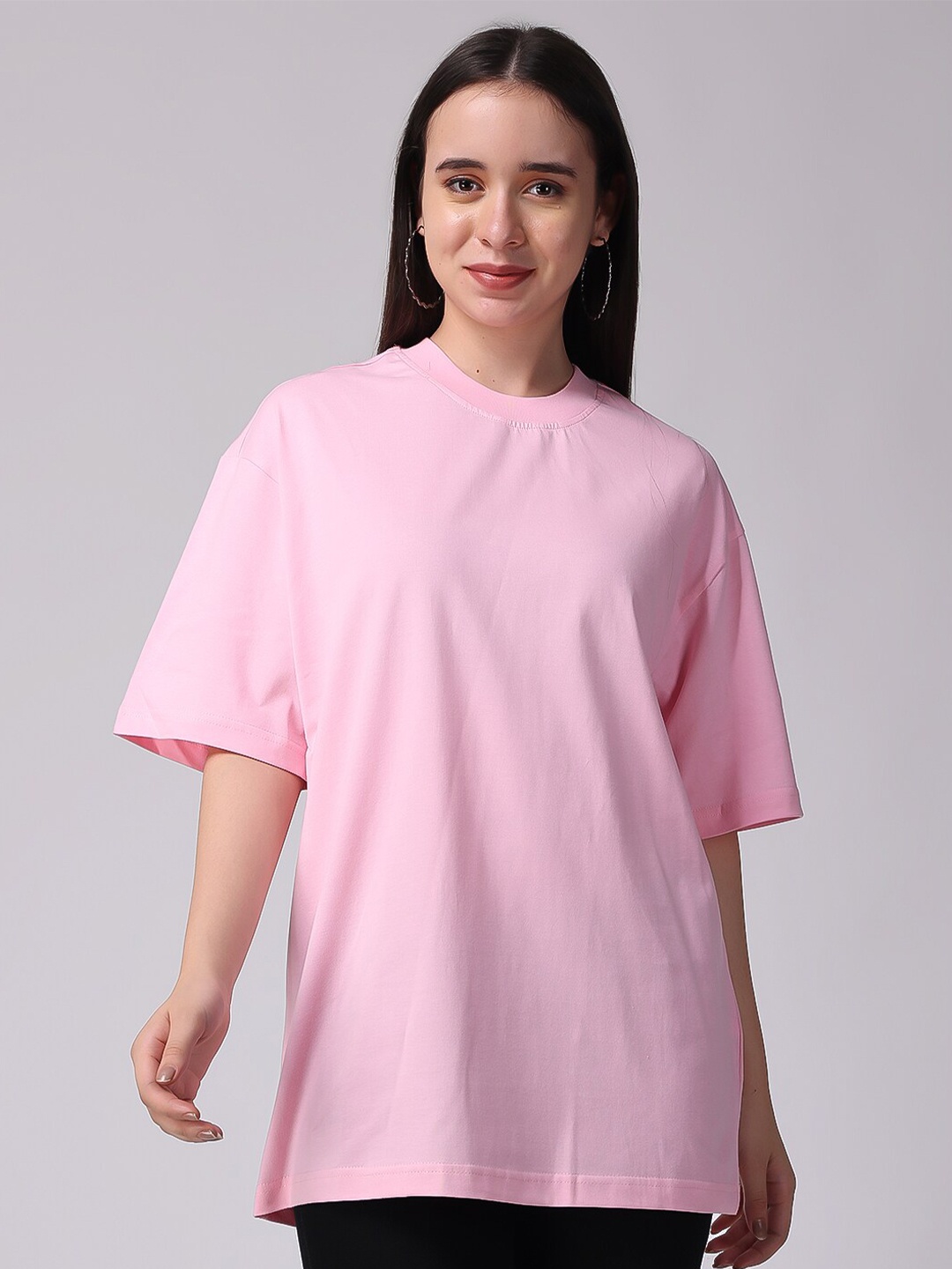 

The Label Bar Drop-Shoulder Sleeves Oversized Longline Cotton T-Shirt, Pink