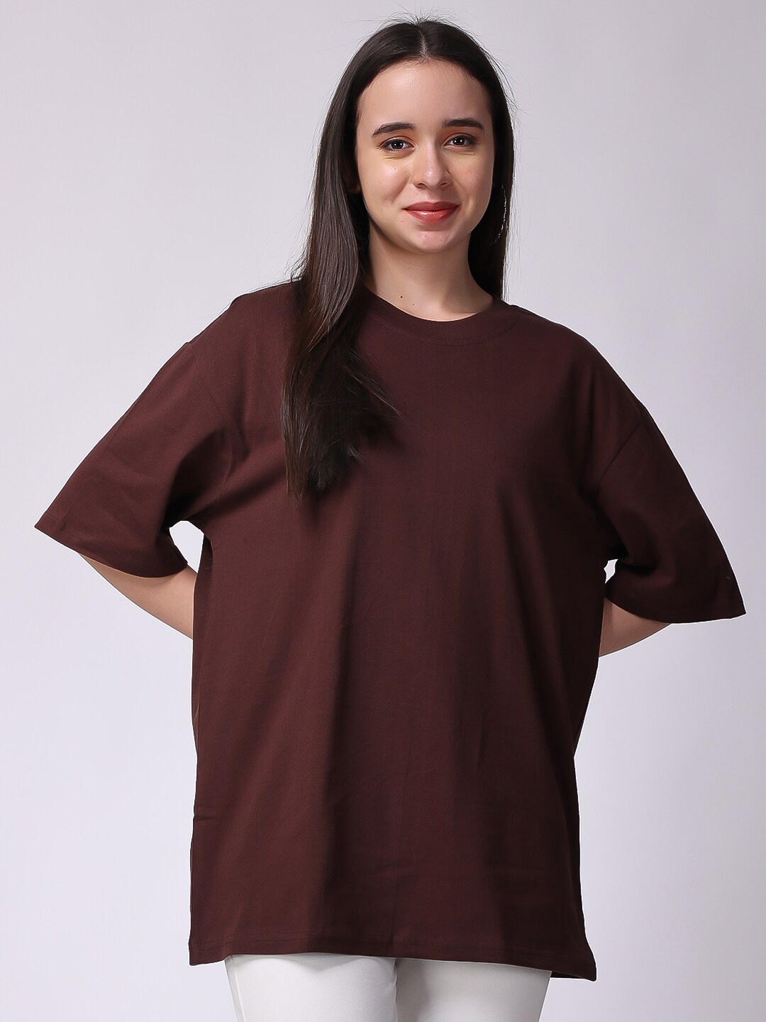 

The Label Bar Drop Shoulder Sleeves Cotton Oversized T-shirt, Brown