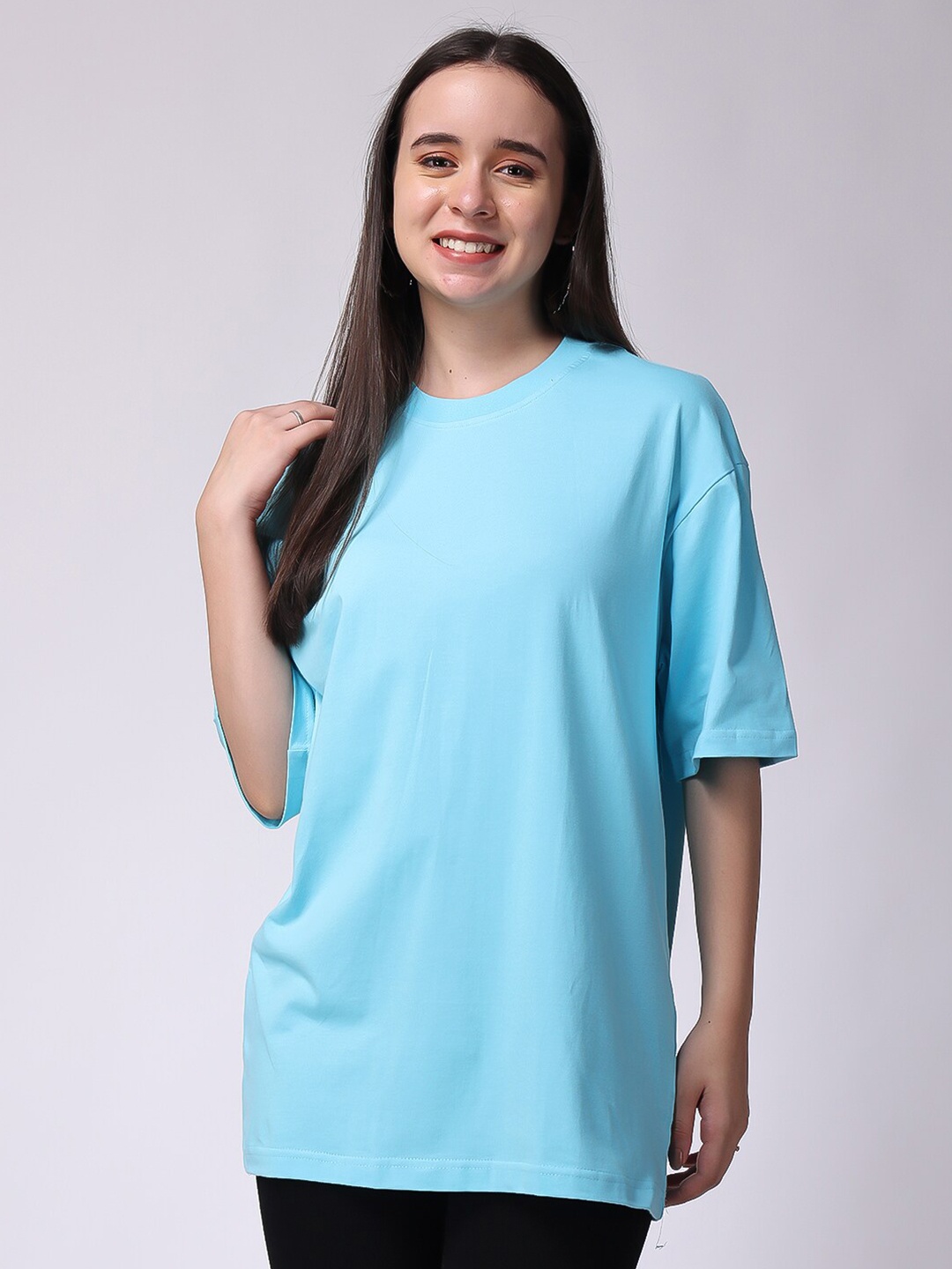 

The Label Bar Drop Shoulder Sleeves Cotton Oversized T-shirt, Blue