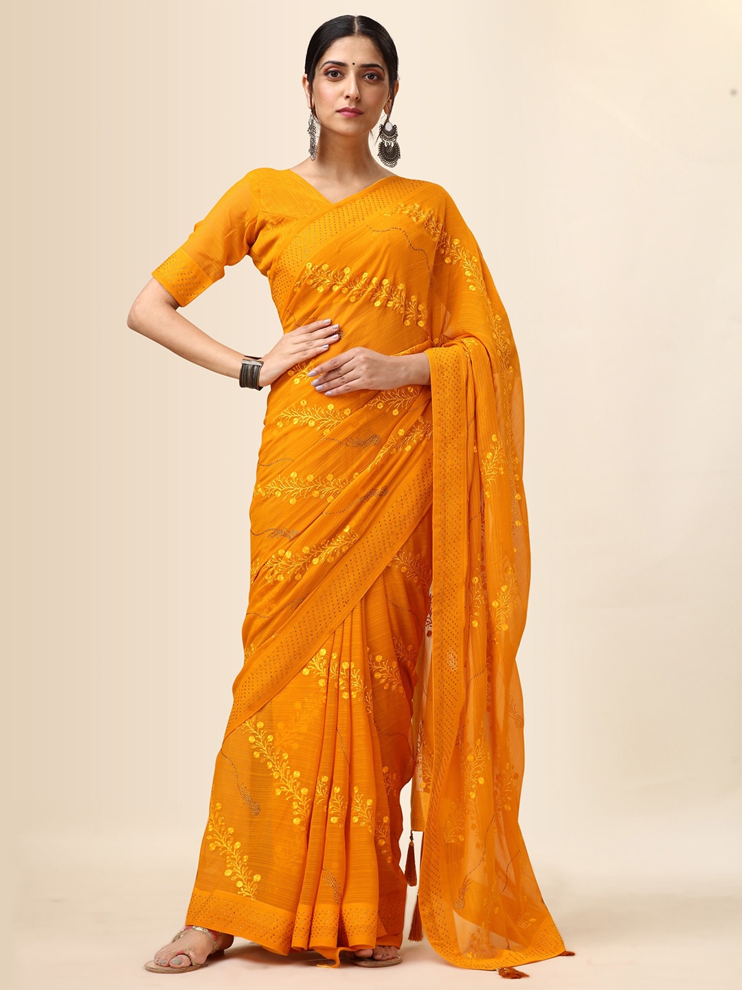 

Vaidehi Fashion Floral Embroidered Pure Chiffon Leheriya Saree, Yellow
