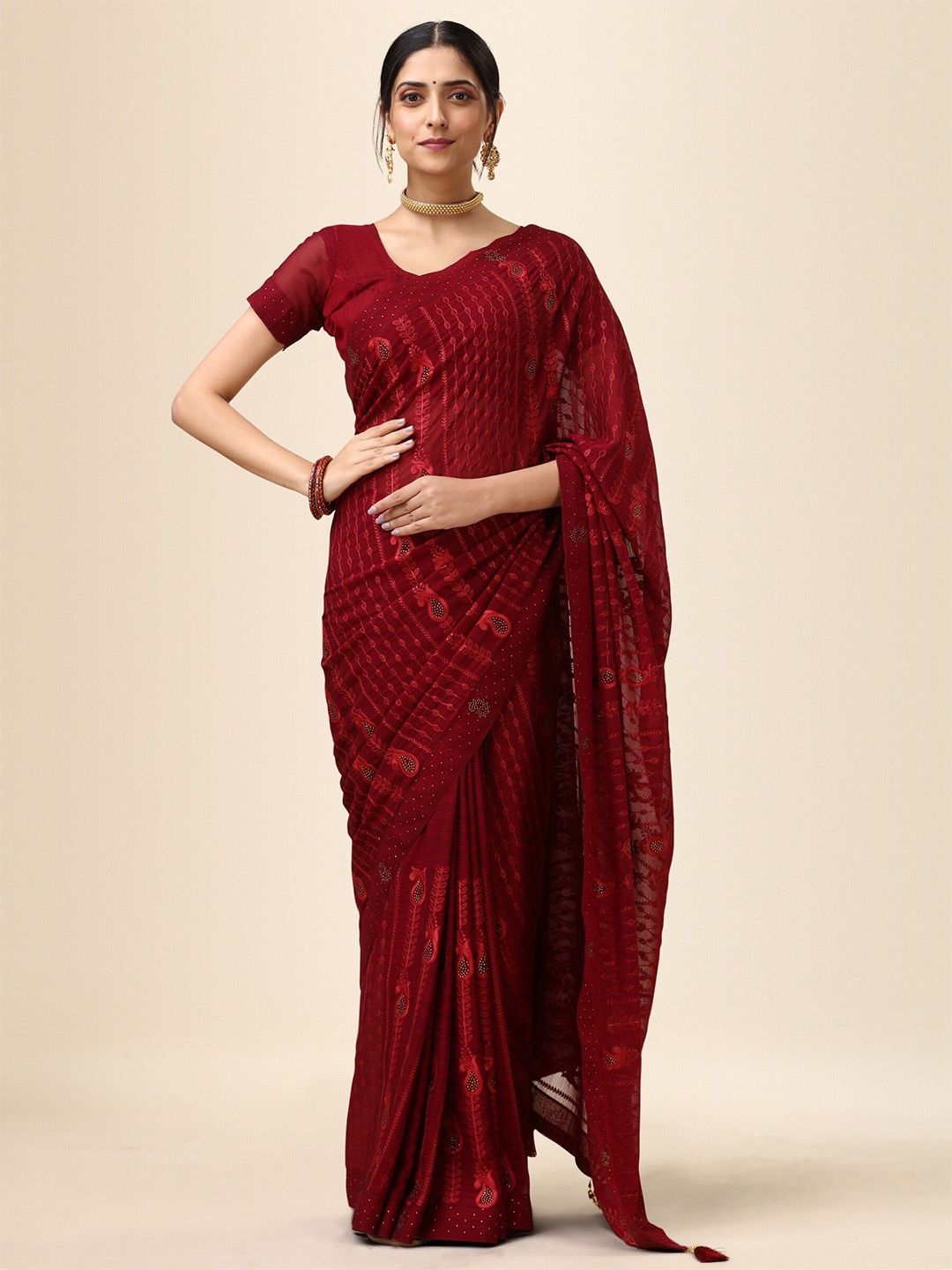 

Vaidehi Fashion Maroon Floral Embroidered Pure Chiffon Leheriya Saree