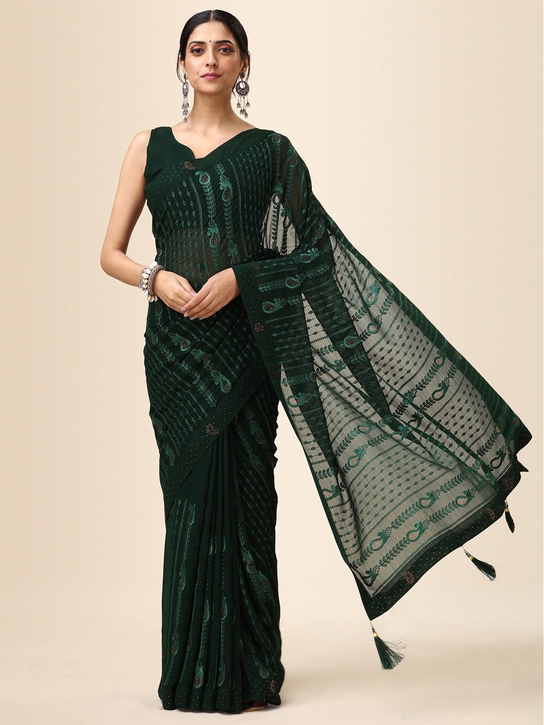 

Vaidehi Fashion Striped Embroidered Pure Chiffon Leheriya Saree, Green