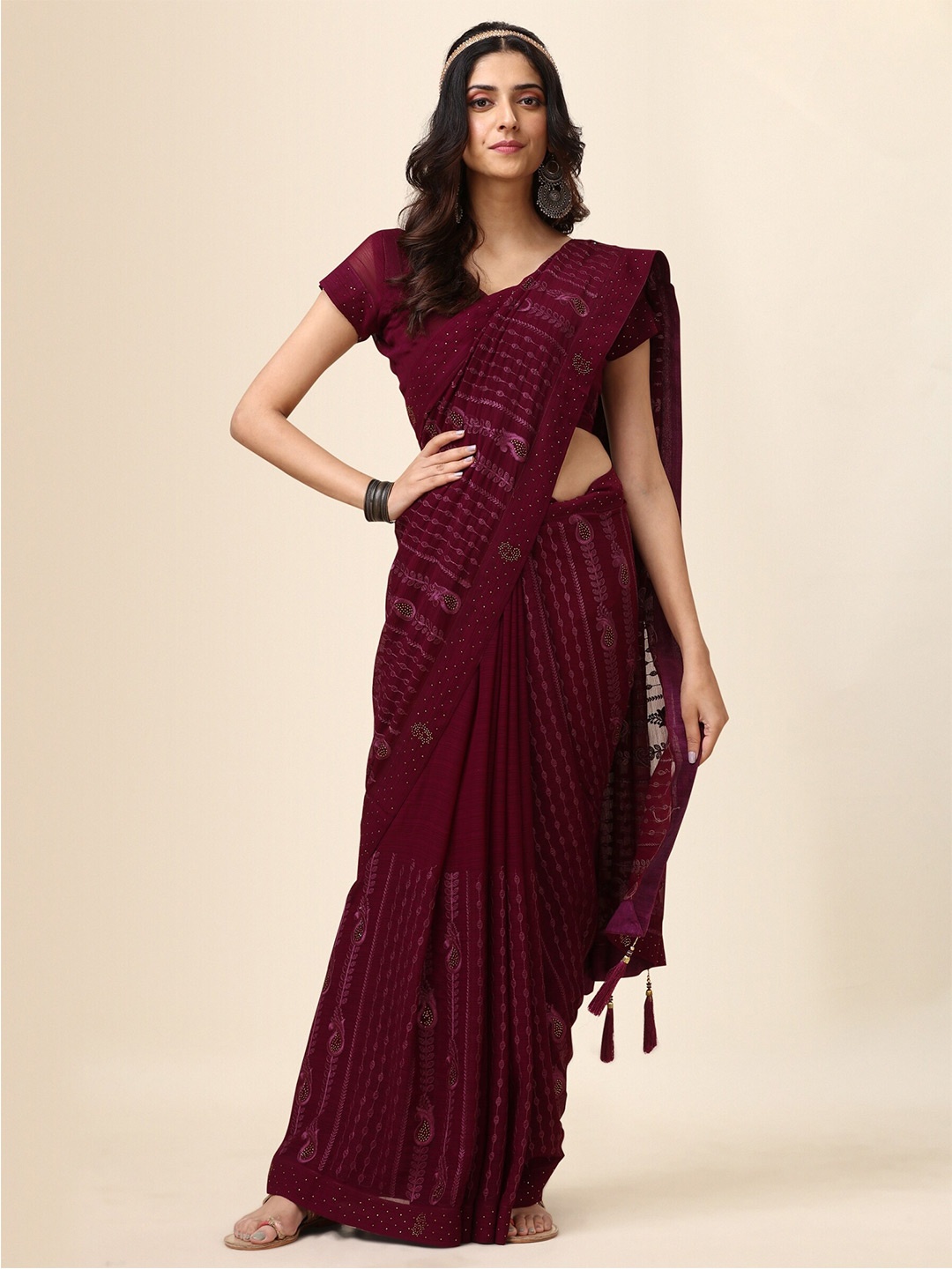 

Vaidehi Fashion Striped Embroidered Pure Chiffon Fusion Leheriya Saree, Purple
