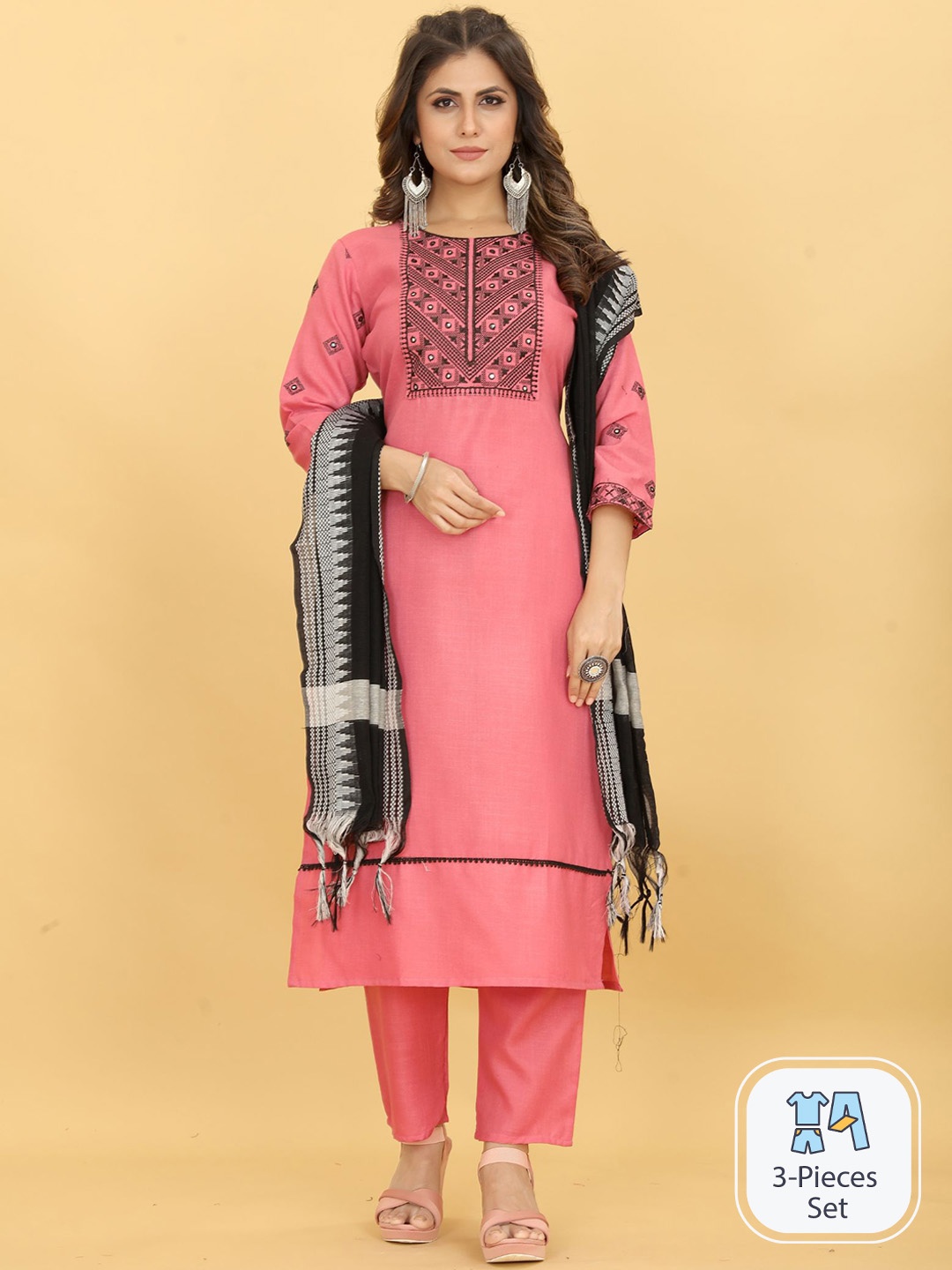 

KALINI Ethnic Motifs Embroidered Regular Mirror Work Kurta with Trousers & Dupatta, Pink