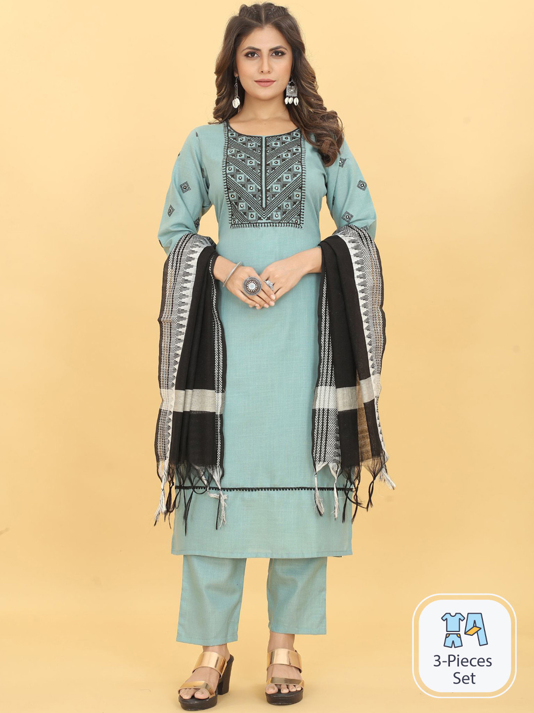 

KALINI Ethnic Motifs Embroidered Regular Mirror Work Kurta with Trousers & Dupatta, Turquoise blue