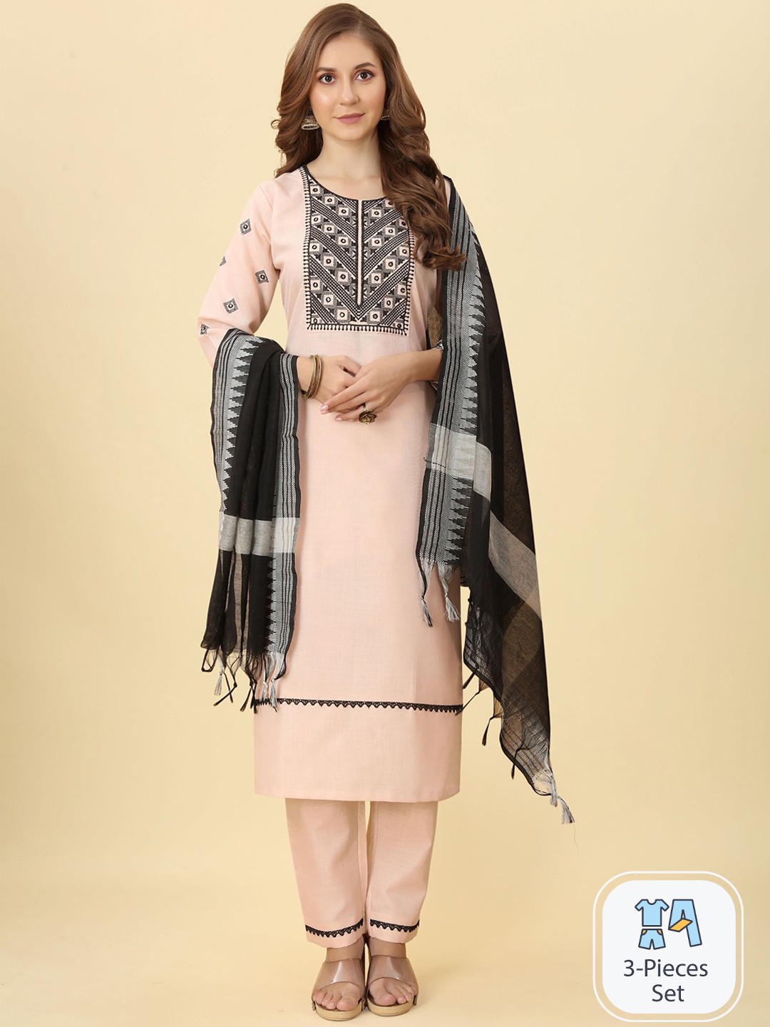 

KALINI Ethnic Motifs Yoke Design Mirror Work Kurta With Trousers & Dupatta, Peach