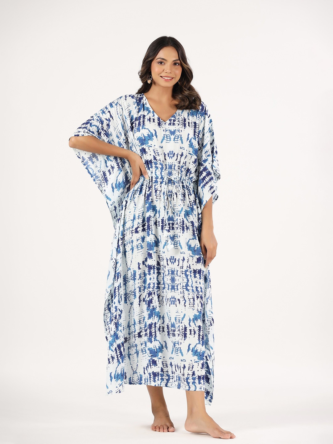 

mirari Tie and Dye Pure Cotton Maxi Kaftan Nightdress, White
