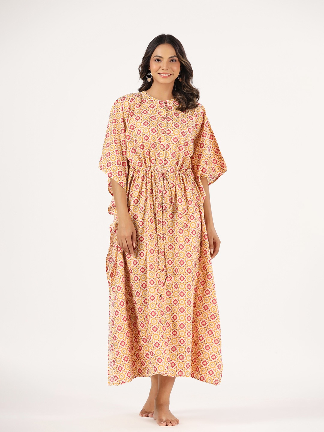 

mirari Floral Printed Pure Cotton Maxi Kaftan Nightdress, Yellow