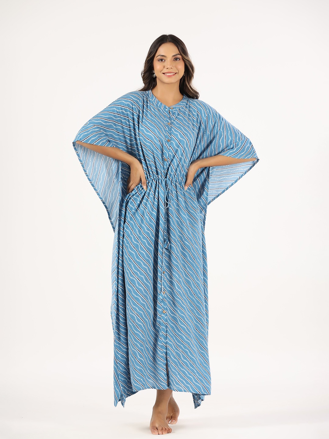 

mirari Printed Pure Cotton Maxi Kaftan Nightdress, Blue