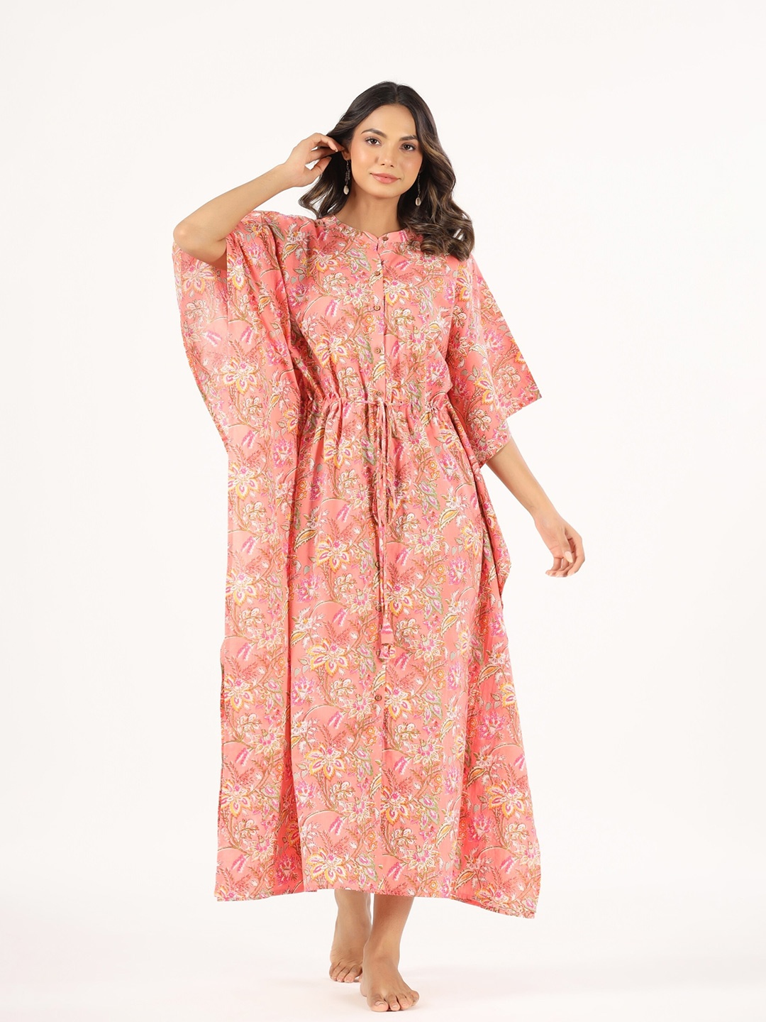 

mirari Floral Printed Pure Cotton Maxi Kaftan Nightdress, Pink