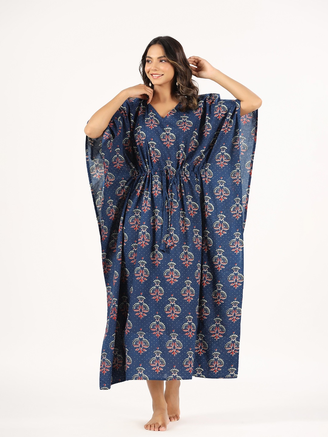 

mirari Ethnic Motif Printed Pure Cotton Maxi Kaftan Nightdress, Blue