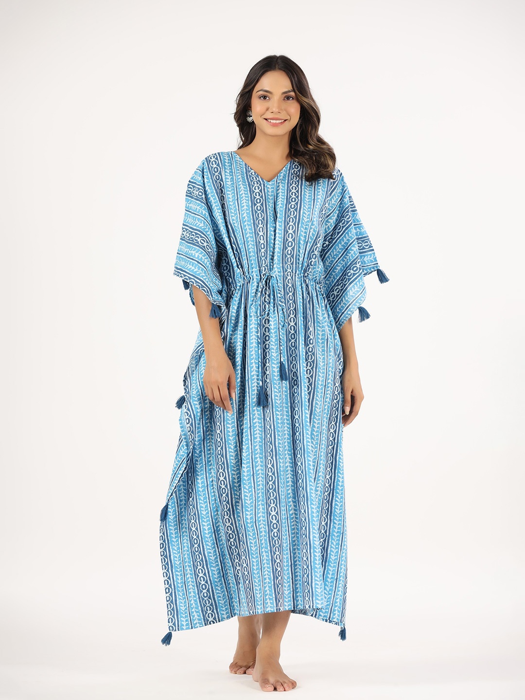 

mirari Striped Pure Cotton Maxi Kaftan Nightdress, Blue