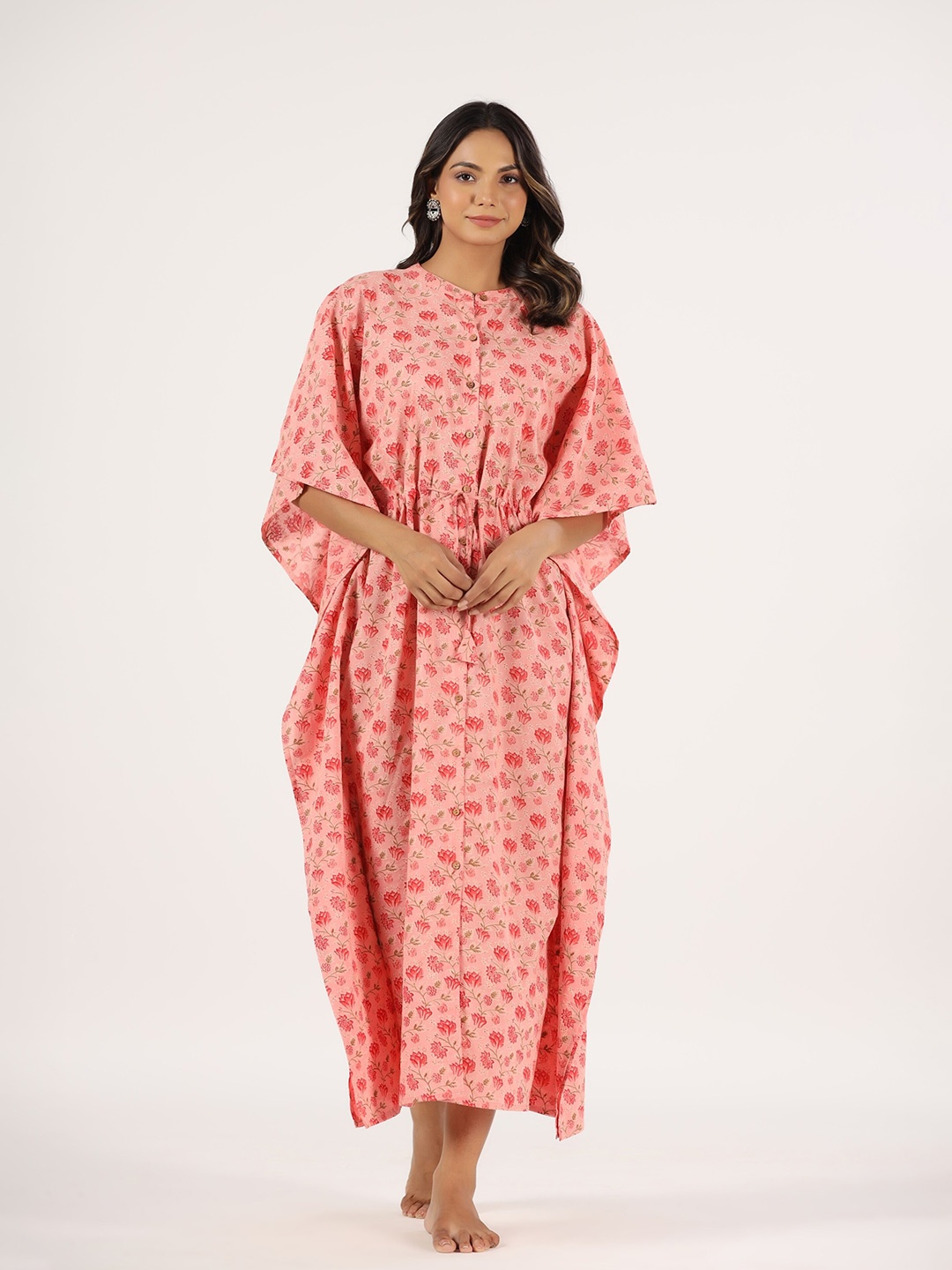 

mirari Floral Printed Pure Cotton Maxi Kaftan Nightdress, Peach