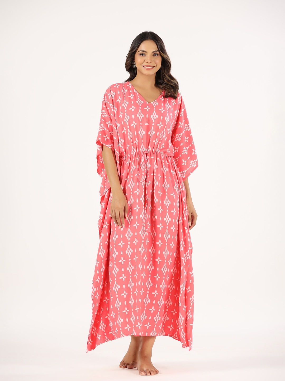 

mirari Geometric Printed Pure Cotton Maxi Kaftan Nightdress, Pink