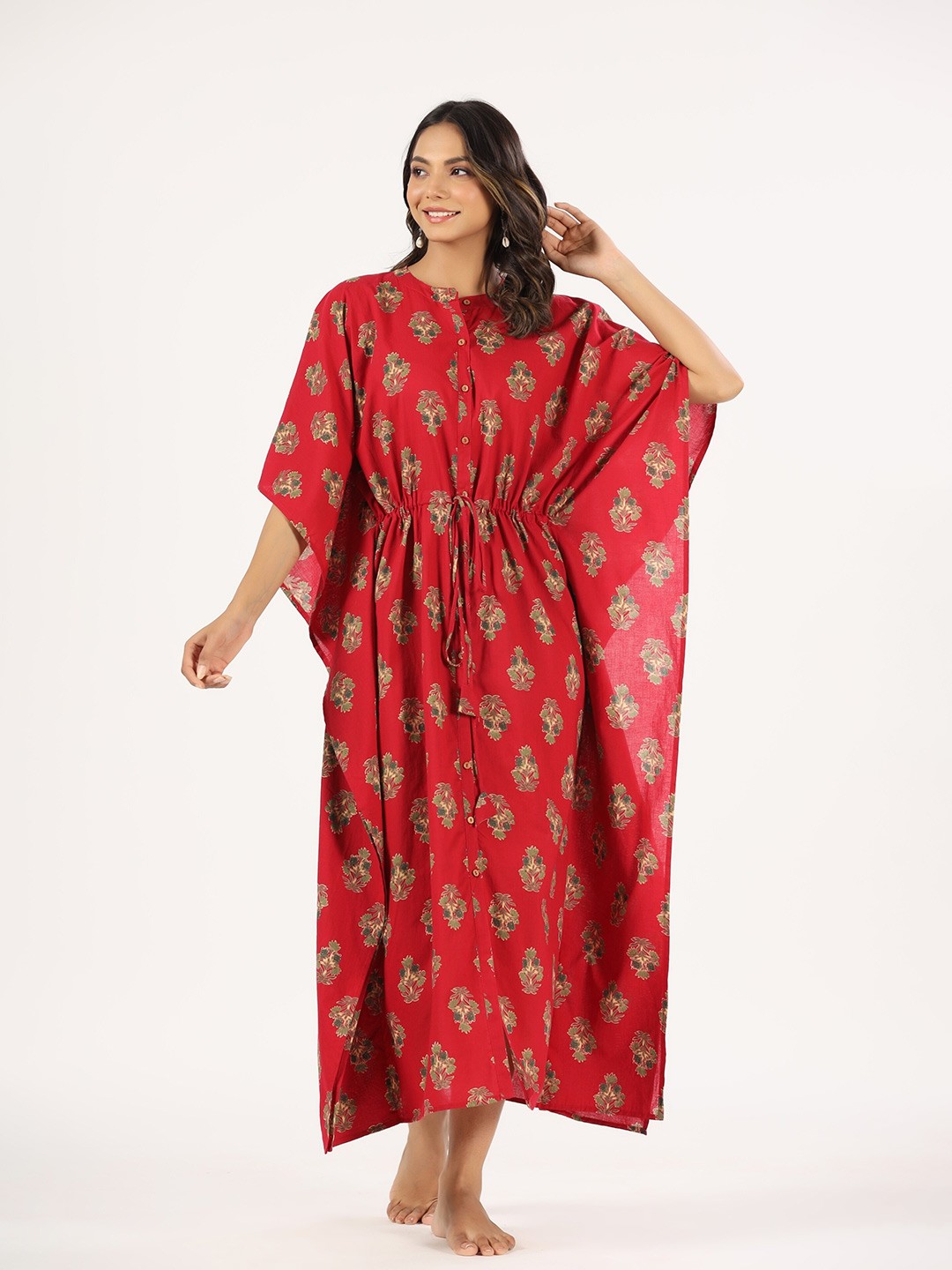 

mirari Floral Printed Pure Cotton Maxi Kaftan Nightdress, Red