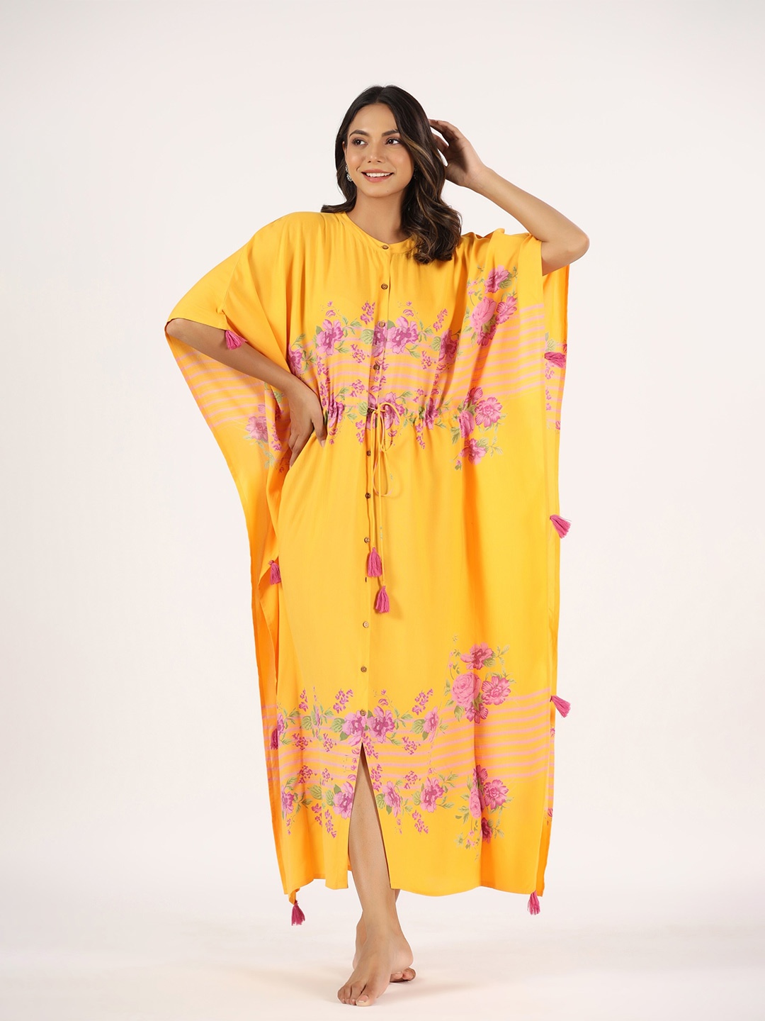 

mirari Floral Printed Pure Cotton Maxi Kaftan Nightdress, Yellow