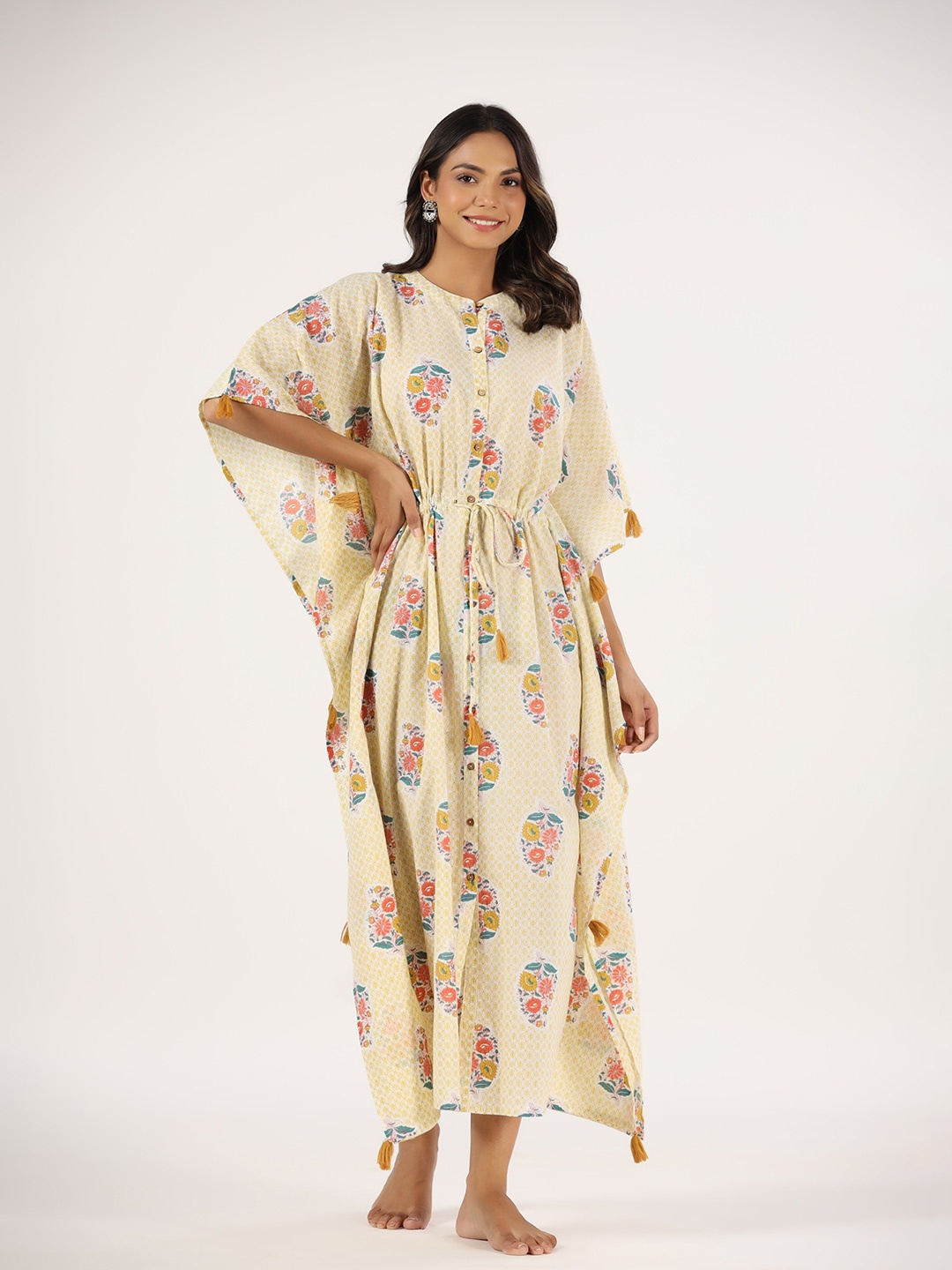 

mirari Floral Printed Pure Cotton Maxi Kaftan Nightdress, Yellow