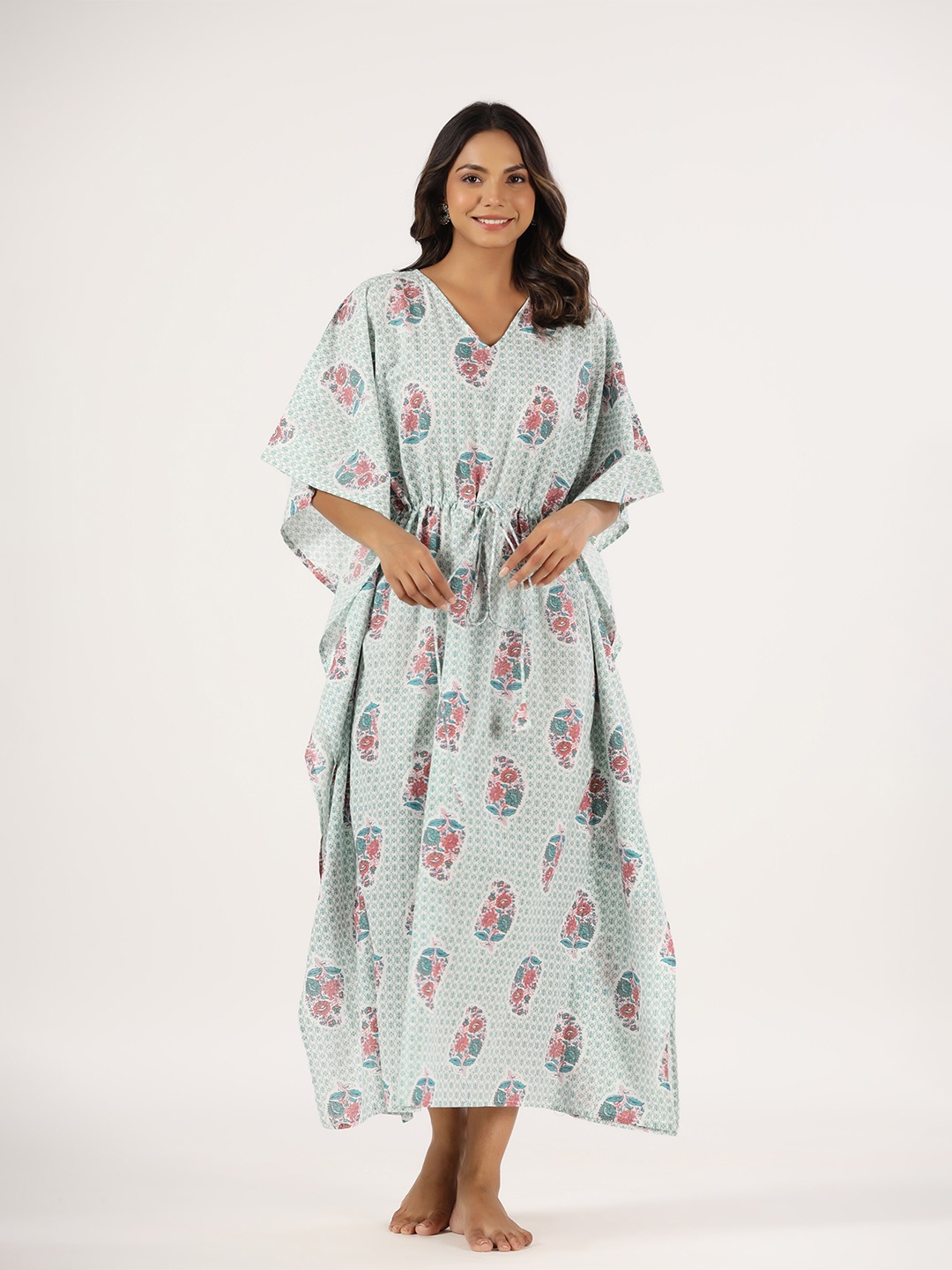 

mirari Ethnic Motif Printed Pure Cotton Maxi Kaftan Nightdress, Cream