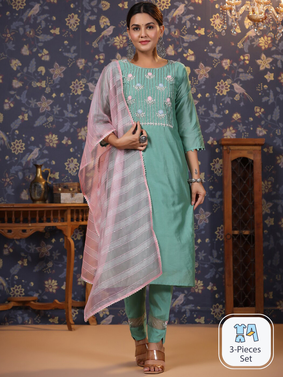 

House of Pataudi Floral Yoke Design Beads & Thread Work Kurta With Trouser & Dupatta, Green