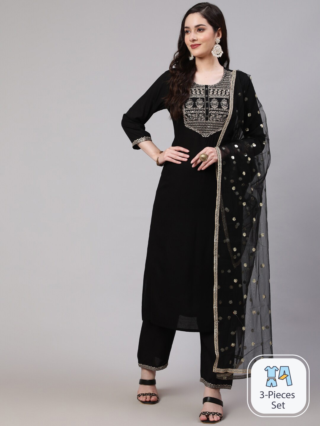 

Nayo Ethnic Motifs Yoke Design Thread Work Kurta With Trousers & Dupatta, Black