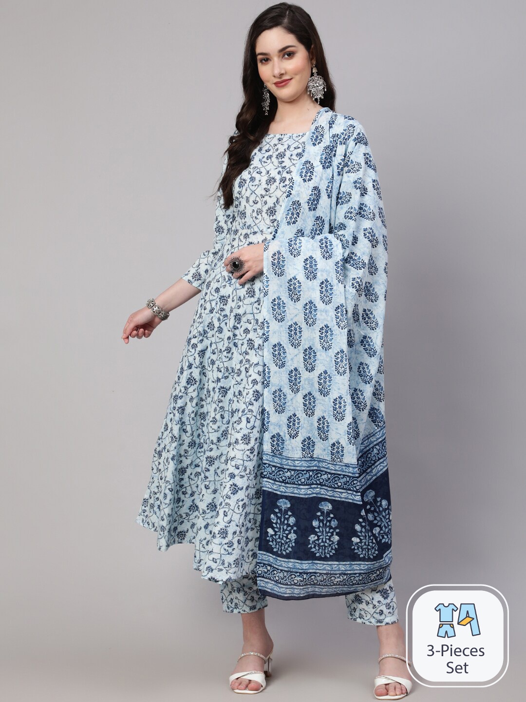 

Nayo Floral Printed Pure Cotton Kurta with Trousers & With Dupatta, Blue