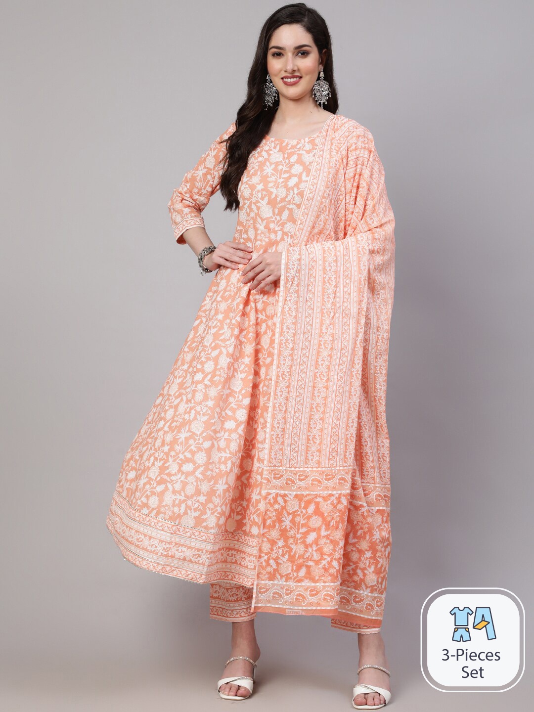

Nayo Ethnic Motifs Printed Pure Cotton Anarkali Kurta with Trousers & With Dupatta, Peach