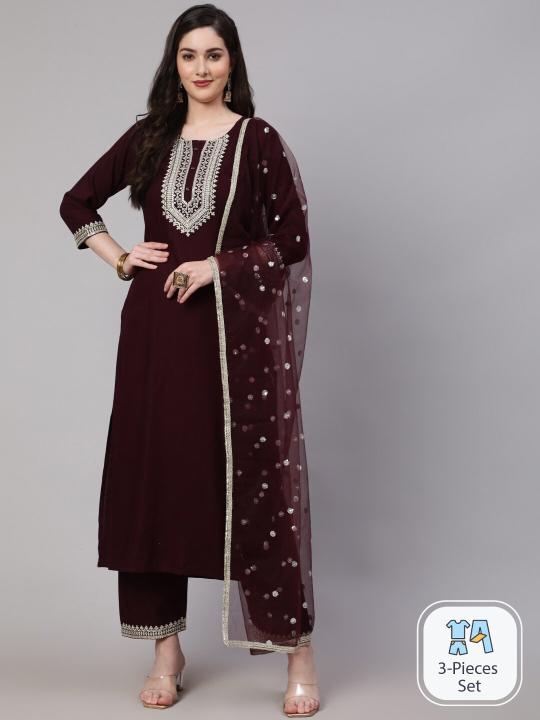 

Nayo Ethnic Motifs Embroidered Thread Work Kurta with Palazzos & With Dupatta, Purple