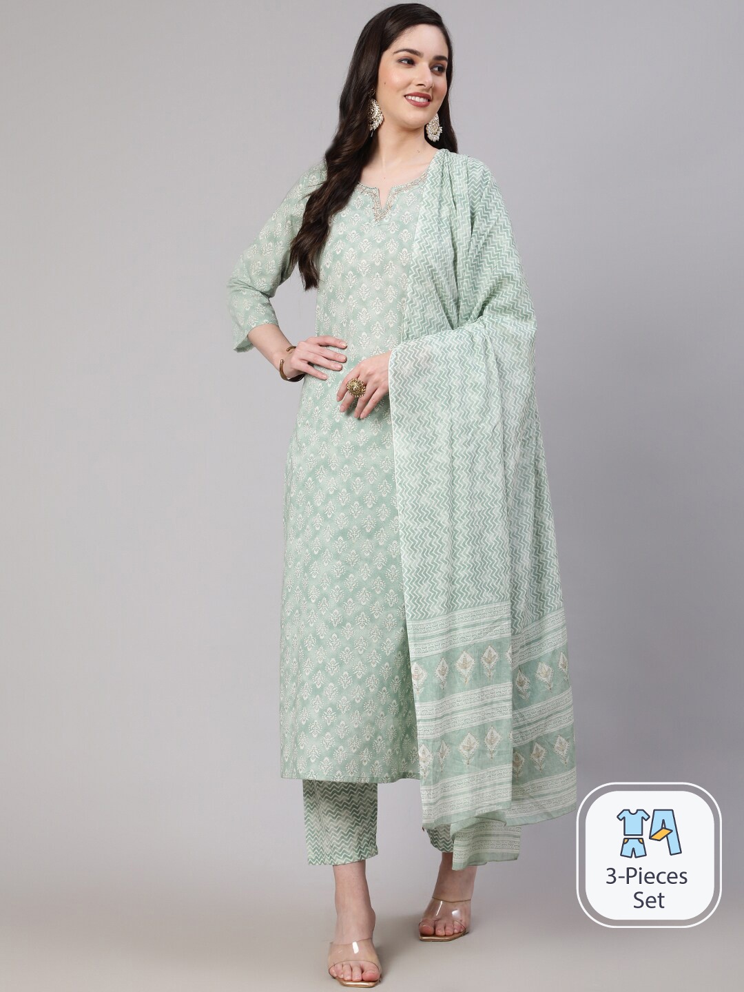 

Nayo Ethnic Motifs Printed Thread Work Pure Cotton Kurta with Trousers & With Dupatta, Green