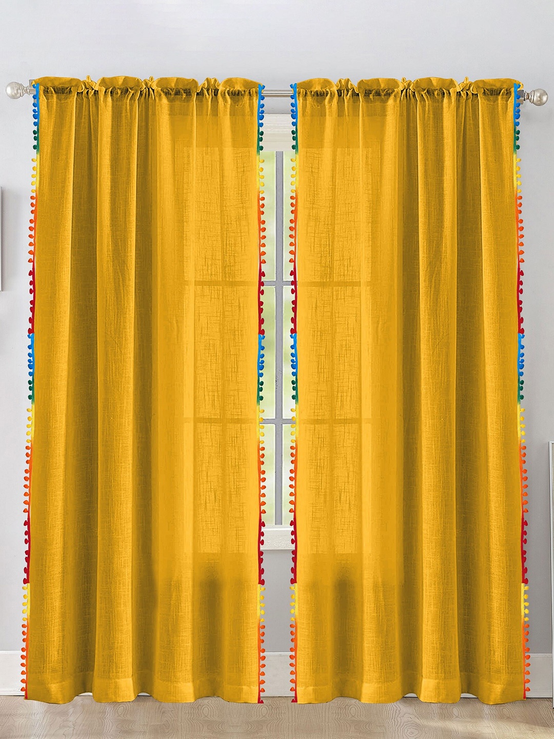 

HOMEMONDE Yellow & Red 2 Pieces Cotton Sheer Door Curtains