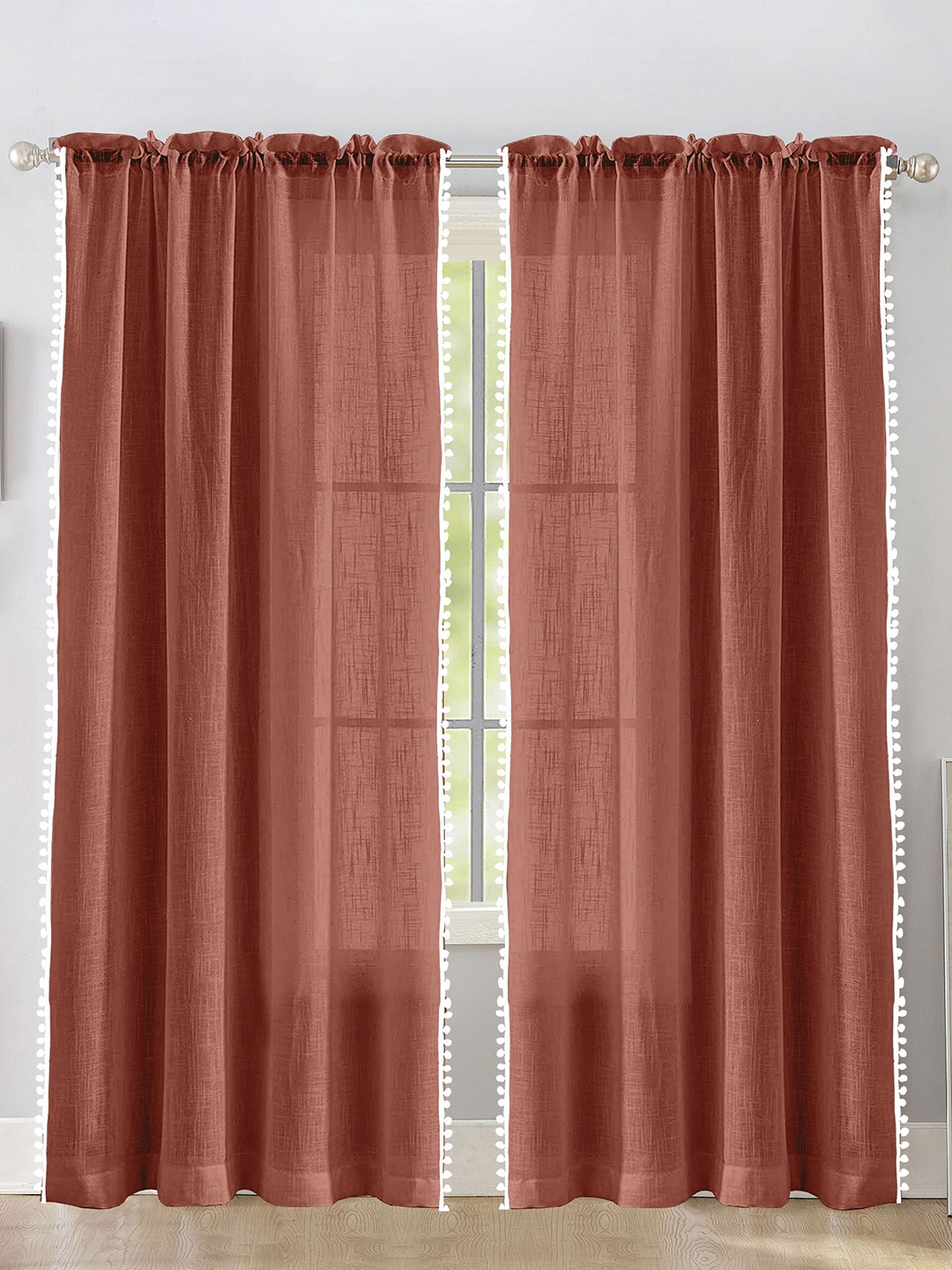 

HOMEMONDE Maroon 2 Pieces Cotton Pompom Border Sheer Long Door Curtains